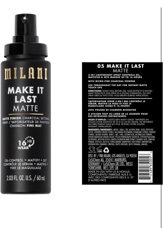 Milani Spray fijador + imprimación, Make It Last Mate: fórmula de carbón absorbente de aceite para controlar el brillo, spray fijador de acabado mate para maquillaje hasta 16 horas para piel grasa