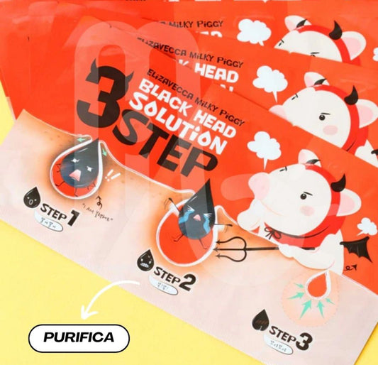 Elizavecca Milky Piggy Black Head 3 Step Solution 1- un Tratamiento de 3 pasos para eliminar puntos negros. Abre, extrae y cierra los poros de forma efectiva con ingredientes suaves para una piel más limpia y refinada.