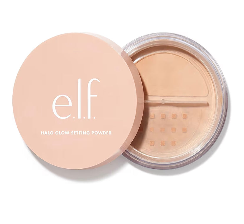 e.l.f. - Polvo de fijación Halo Glow, sedoso, no pesa, difuminado, alisa y minimiza los poros y las líneas finas, efecto desenfocado, medio, acabado semimate- Tono medium