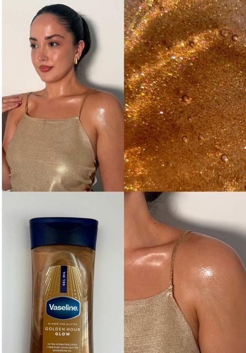 Vaseline Glazed and Glisten Sunlit Glow - Aceite en gel corporal con aroma a cacao y vainilla, manteca de cacao 100% pura con aceite brillante, tamaño pequeño 50ml