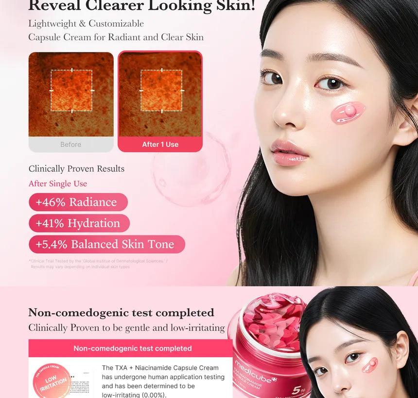 medicube - Crema Facial TXA Niacinamide Capsule Cream. Una crema rica en TXA y Niacinamida que unifica el tono de la piel y la textura para aclarar e iluminar la piel.
46% radiante, 41% hidrataciónn, 5.4% mejora del tono de piel.