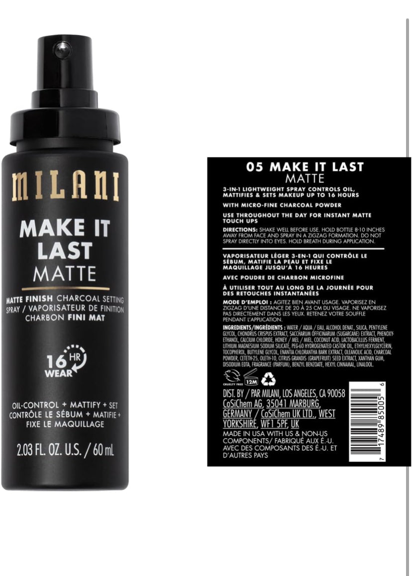 Milani Spray fijador + imprimación, Make It Last Mate: fórmula de carbón absorbente de aceite para controlar el brillo, spray fijador de acabado mate para maquillaje hasta 16 horas para piel grasa