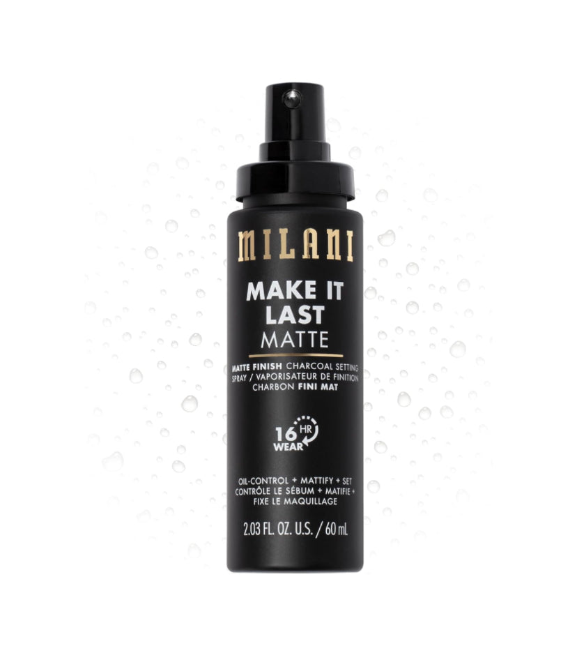 Milani Spray fijador + imprimación, Make It Last Mate: fórmula de carbón absorbente de aceite para controlar el brillo, spray fijador de acabado mate para maquillaje hasta 16 horas para piel grasa