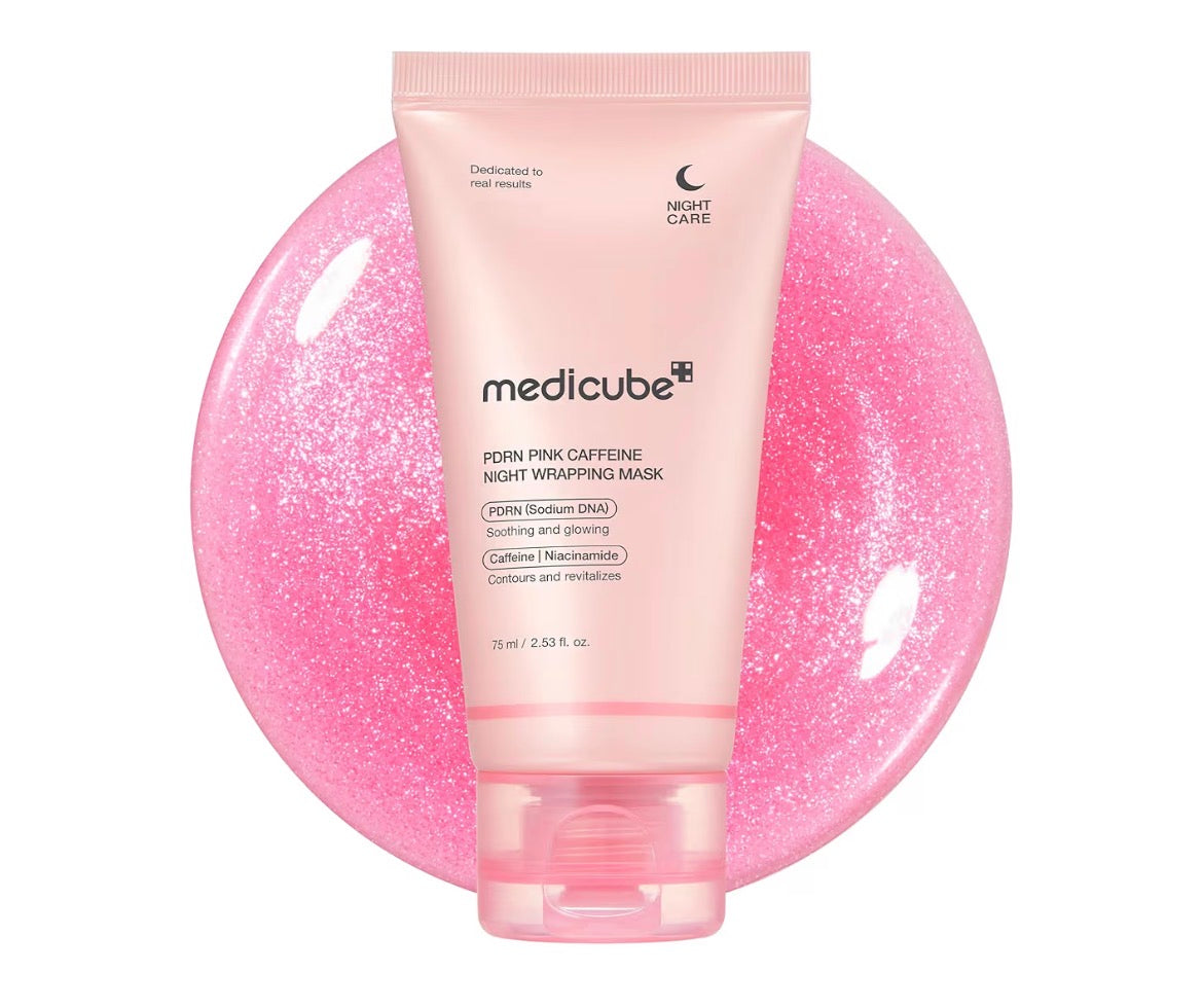 medicube PDRN - Mascarilla facial con cafeína durante la noche, reafirmante, deshincha e hidratación, ADN de salmón + cafeína + colágeno para un soporte refinado de vidrio para el contorno de la piel