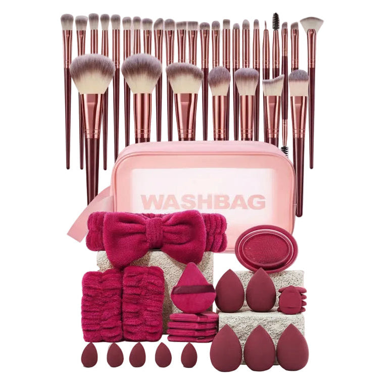 Kit completo- 1 estuché , 30 brochas, 1 Diadema, 1 par de muñequeras, 5 beauty blender grande, 5 borlas , 5 Beauty blender pequeña, 5 borlas pequeñas , 1 pieza de limpiar brochas . Total 55 piezas - color Rosado/morado