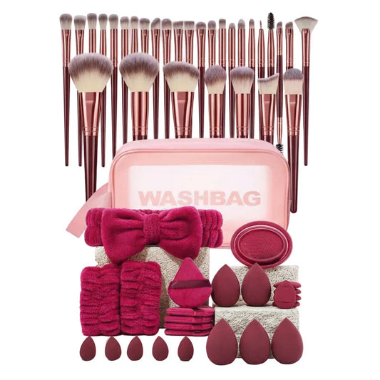 Kit completo- 1 estuché , 30 brochas, 1 Diadema, 1 par de muñequeras, 5 beauty blender grande, 5 borlas , 5 Beauty blender pequeña, 5 borlas pequeñas , 1 pieza de limpiar brochas . Total 55 piezas - color Rosado/morado