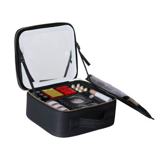 Cosmetiqueras con espejo de luz led, 3 luces y varia intensidad, cable para cargar, porta brochas y espejo con macro