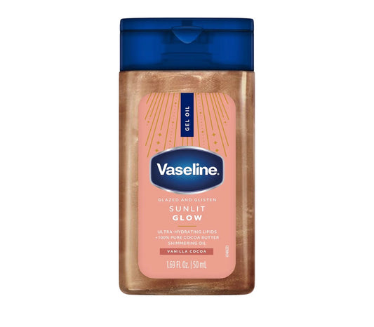 Vaseline Glazed and Glisten Sunlit Glow - Aceite en gel corporal con aroma a cacao y vainilla, manteca de cacao 100% pura con aceite brillante, tamaño pequeño 50ml