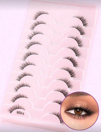 Pestañas postizas, 10 pares/caja Mini y lindas pestañas cortas de medio ojo con tallos delgados y transparentes, extremos alargados, apariencia naturalmente