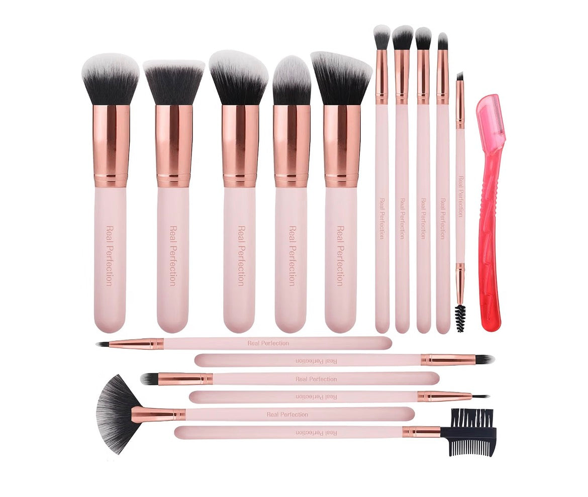 Real Perfection Juego de 16 brochas de maquillaje, 16 piezas con 1 maquinilla de afeitar para cejas, base sintética de alta calidad, correctores de polvo, sombra de ojos, rubor