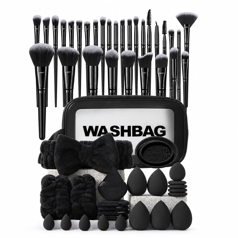 Kit completo- 1 estuché , 30 brochas, 1 Diadema, 1 par de muñequeras, 5 beauty blender grande, 5 borlas , 5 Beauty blender pequeña, 5 borlas pequeñas , 1 pieza de limpiar brochas . Total 55 piezas - color negro