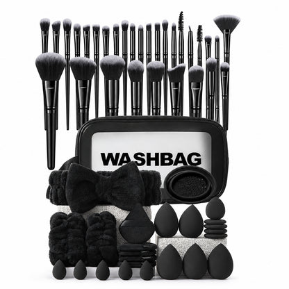 Kit completo- 1 estuché , 30 brochas, 1 Diadema, 1 par de muñequeras, 5 beauty blender grande, 5 borlas , 5 Beauty blender pequeña, 5 borlas pequeñas , 1 pieza de limpiar brochas . Total 55 piezas - color negro