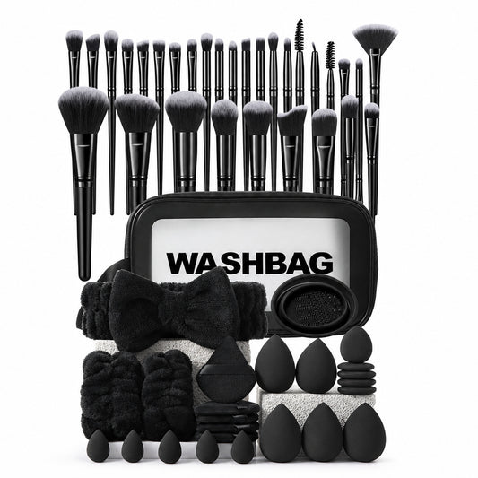 Kit completo- 1 estuché , 30 brochas, 1 Diadema, 1 par de muñequeras, 5 beauty blender grande, 5 borlas , 5 Beauty blender pequeña, 5 borlas pequeñas , 1 pieza de limpiar brochas . Total 55 piezas - color negro