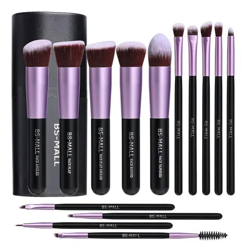 Bs-Mall | Set de brochas premium 14 piezas, Para maquillaje profesional con su estuche de viaje, cerdas veganas y libre de crueldad animal- Color morado