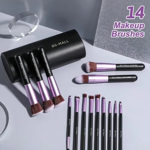 Bs-Mall | Set de brochas premium 14 piezas, Para maquillaje profesional con su estuche de viaje, cerdas veganas y libre de crueldad animal- Color morado