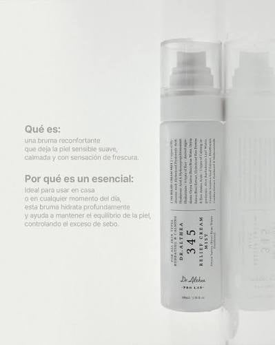 El 345 Relief Cream Mist de Dr. Althea es una bruma facial hidratante en spray que sirve para calmar, refrescar y nutrir la piel al instante sin dejar una sensación pesada o pegajosa- 100ml