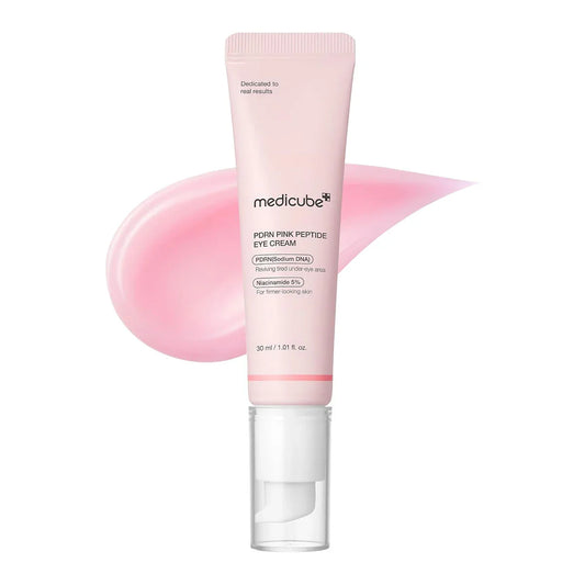 Medicube PDRN Pink Peptide Eye Cream 30ml es un tratamiento antiedad avanzado para el contorno de ojos que combina PDRN de salmón, péptidos, retinol y niacinamida para mejorar la firmeza, hidratar profundamente y reducir ojeras y líneas de expresión.