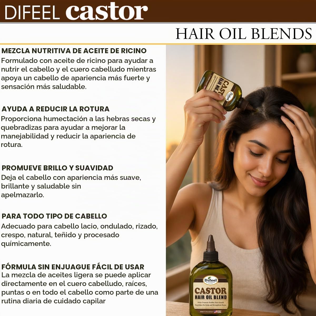 Difeel Mega Care | Mezcla de aceite de ricino para el cabello, un tratamiento nutritivo concentrado diseñado para estimular el crecimiento del cabello, hidratar el cuero cabelludo seco y fortalecer las raíces.