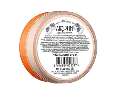 Airspun -Polvo suelto translúcido, matificante, ayuda a suavizar la apariencia de la piel. Larga duración,establece un acabado aterciopelado.