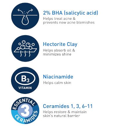 Limpiador CeraVe  facial para tratamiento del acné, limpiador de ácido salicílico con arcilla purificadora, niacinamida y ceramidas, control de poros y removedor de puntos negros