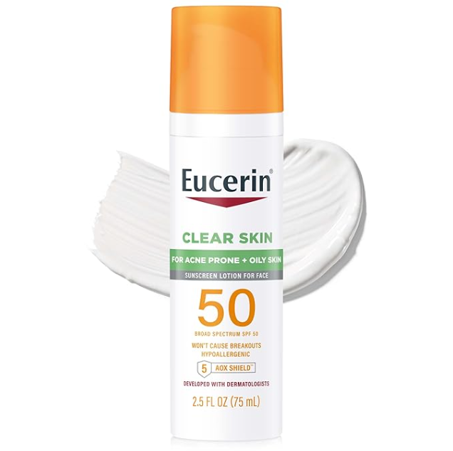 Protectora solar facial Eucerin Sun Clear Skin SPF 50 acabado mate , hipoalergénica,  con minerales absorbentes de aceite, botella de 2.5 onzas