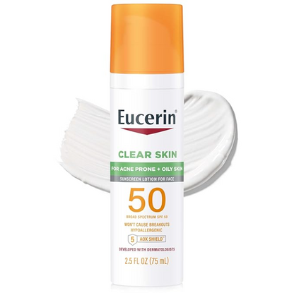 Protectora solar facial Eucerin Sun Clear Skin SPF 50 acabado mate , hipoalergénica,  con minerales absorbentes de aceite, botella de 2.5 onzas