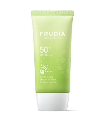 FRUDIA-Protector solar en  Gel control de sebo de uva verde,híbrido químico-físico ofrece protección UV FPS 50+ de amplio espectro sin dejar una capa blanca. deja un acabado mate natural,