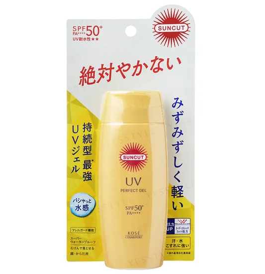 Protector solar Kose - Suncut UV Perfect Gel FPS 50+ PA++++ mate, El gel solar resistente al sudor y al agua deja un acabado mate natural.