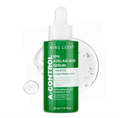 NINELESS - A-Control 10% Azelaic Acid Serum,Tratamiento calmante para eliminar brotes, espinillas – para piel propensa al acné y opaca